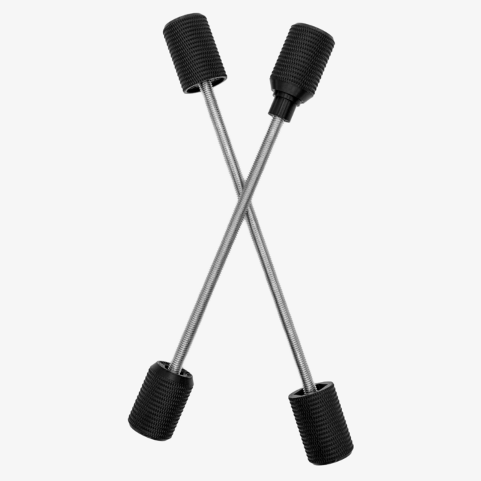 Two crossed metal rods with black rubber ends on a white background