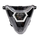 Motorcycle headlight with visible branding on a white background