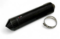 Black carbon fiber product with a metal ring on a white background