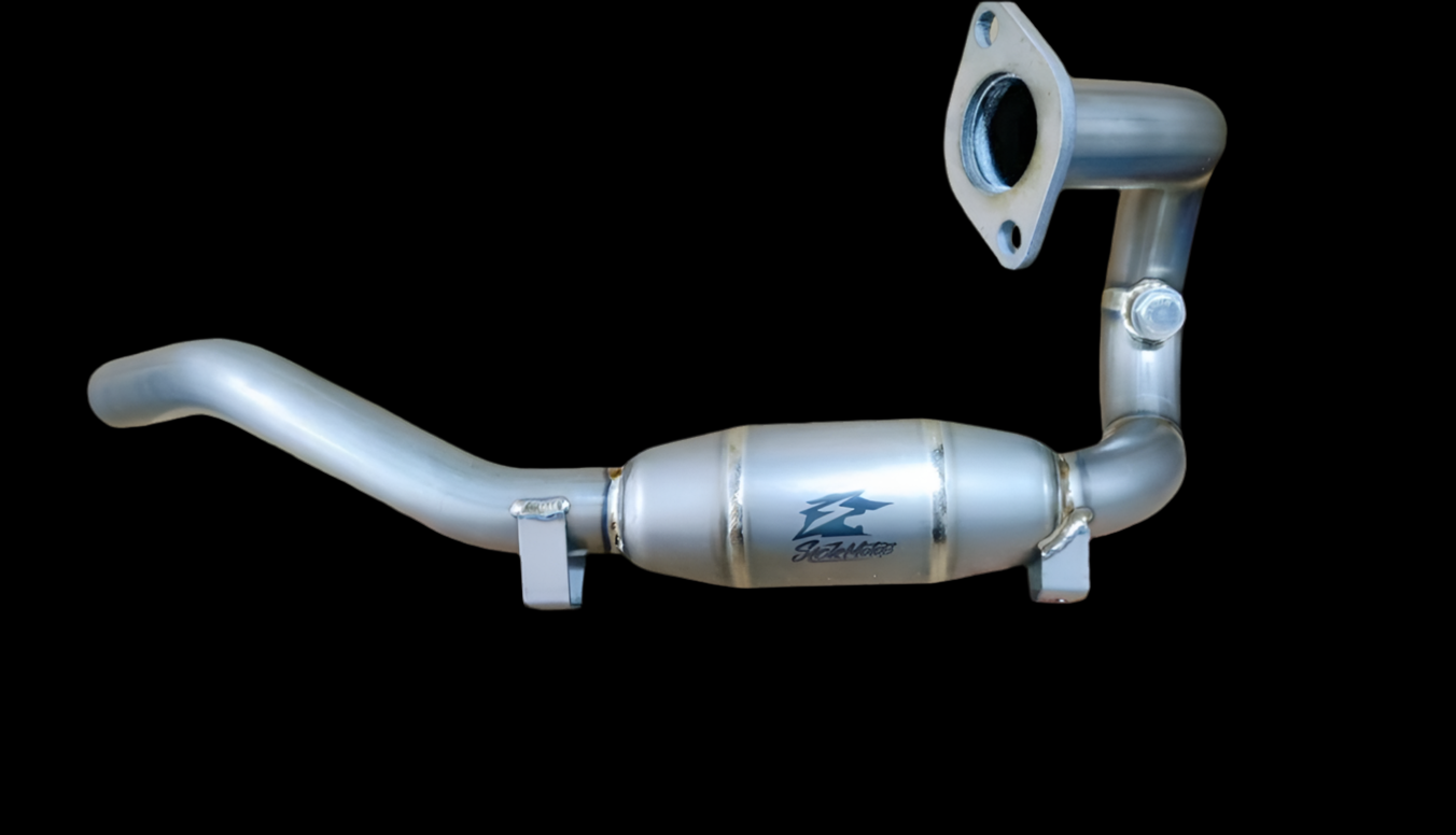 Metallic exhaust pipe with a brand logo on a black background