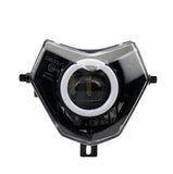 LED RGBW motorcycle headlight with Angel Eye feature, black and clear lens with white trim, designed for Sherco motorcycles.