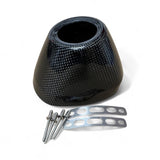 Carbon fiber air filter with mounting hardware on a white background